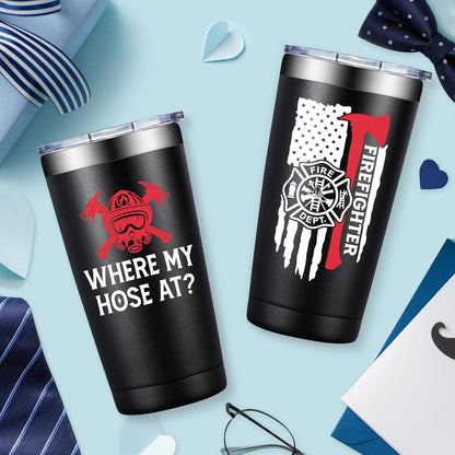 BIRGILT Firefighter Gifts for Men, Women - Fireman Fathers Day Gift for Firefighters Men - Fireman Fire Fighter Gifts for Birthday, Graduation, Christmas - Where My Hose at Firefighter Tumbler 20oz