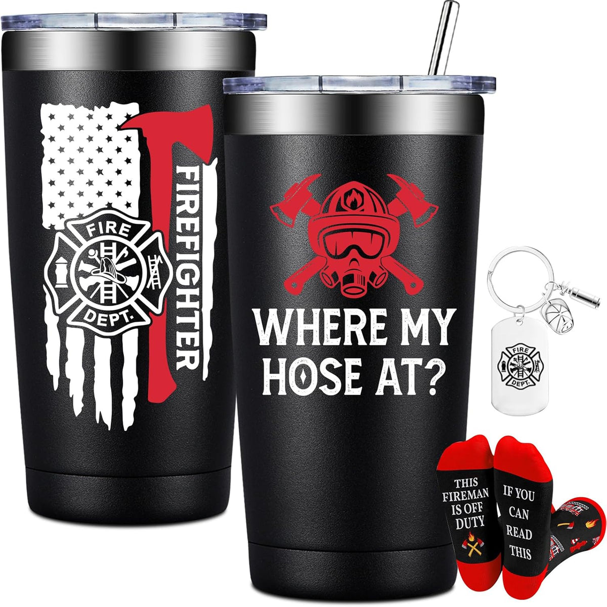 BIRGILT Firefighter Gifts for Men, Women - Fireman Fathers Day Gift for Firefighters Men - Fireman Fire Fighter Gifts for Birthday, Graduation, Christmas - Where My Hose at Firefighter Tumbler 20oz