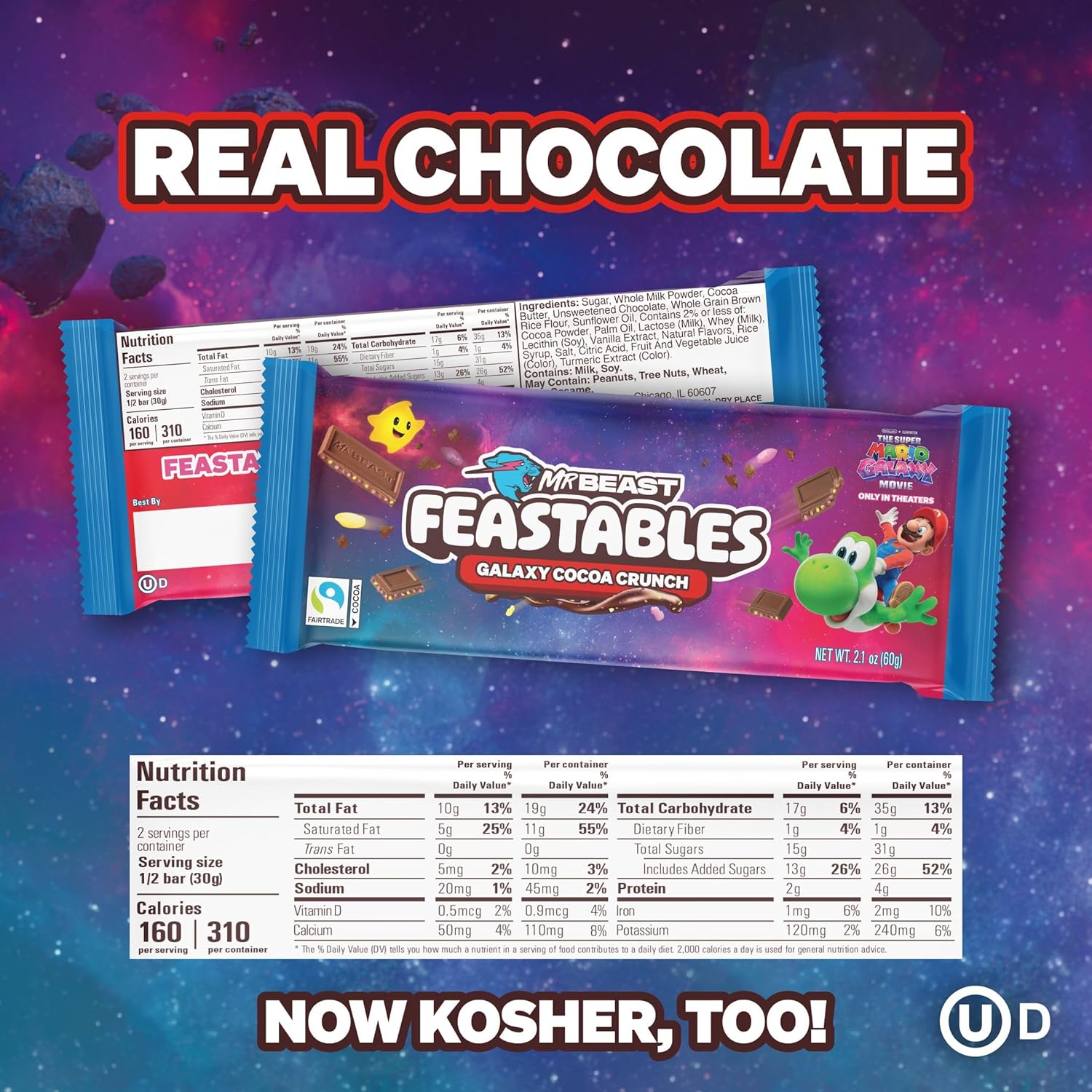 MrBeast Feastables Galaxy Cocoa Crunch Chocolate Bar, 10 Count, Limited Edition for The Super Mario Galaxy Movie, 60g Each